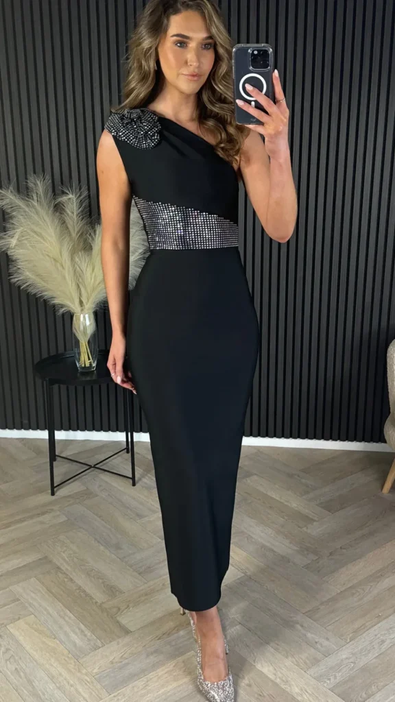 FP & CO Fitted Dresses | Going Out Dresses^Arya Black One Shoulder Corsage Embellished Bandage Midi Dress