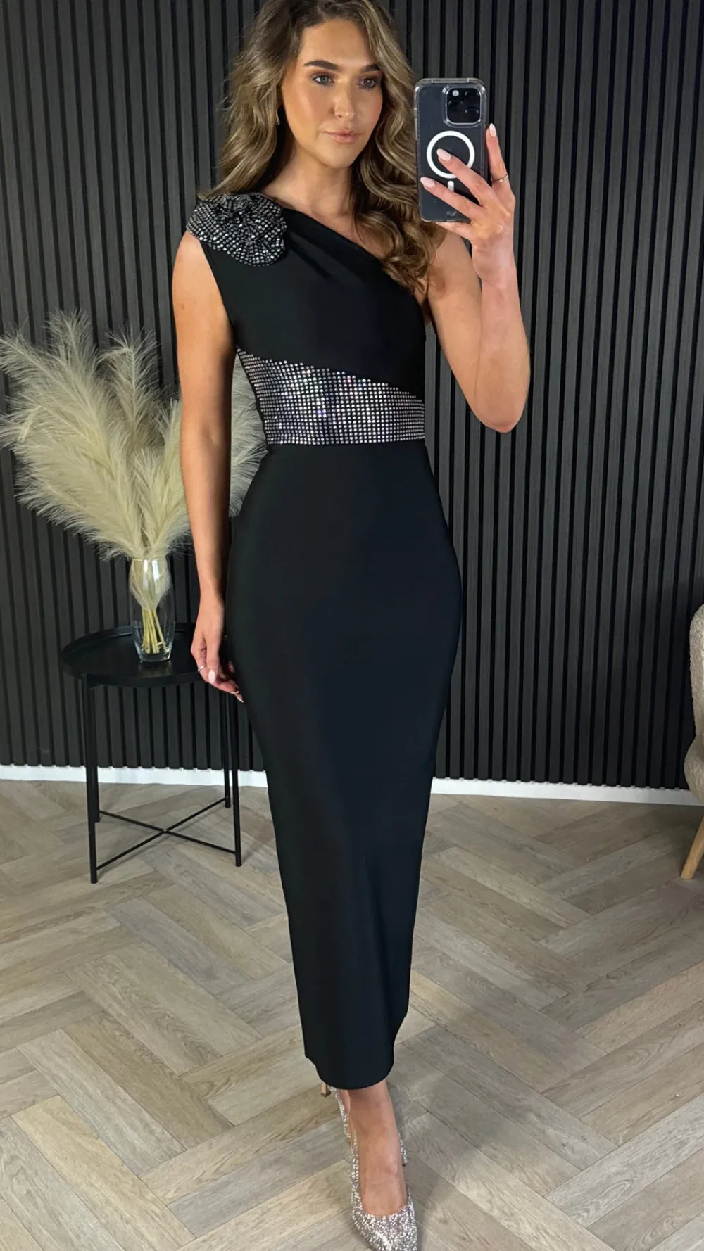 arya_black_one_shoulder_c_4.webp FP & CO Fitted Dresses | Going Out Dresses^Arya Black One Shoulder Corsage Embellished Bandage Midi Dress
