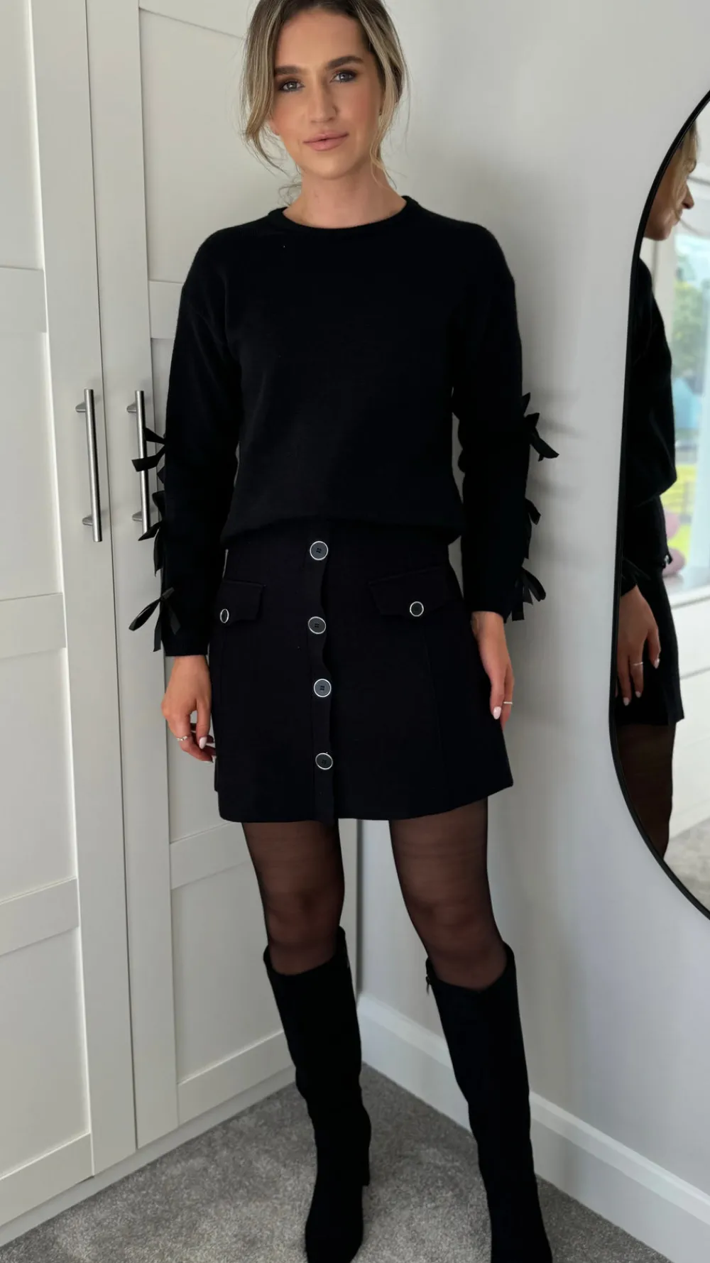 ashley_black_wool_finish__4.webp LUCCE Skirts & Shorts^Ashley Black Wool Finish Button Down Mini Skirt