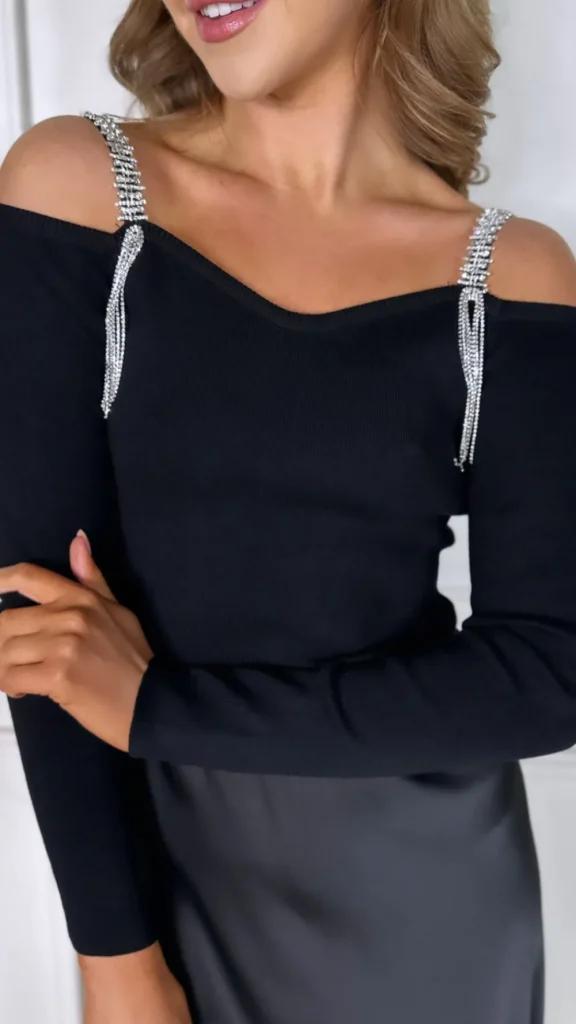 J&H FASHION Tops^Audrey Black Diamante Cami Strap Top