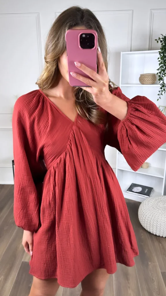 ELENZA Day Dresses | Going Out Dresses^Aurora Rust V Neckline Wide Sleeve Mini Dress