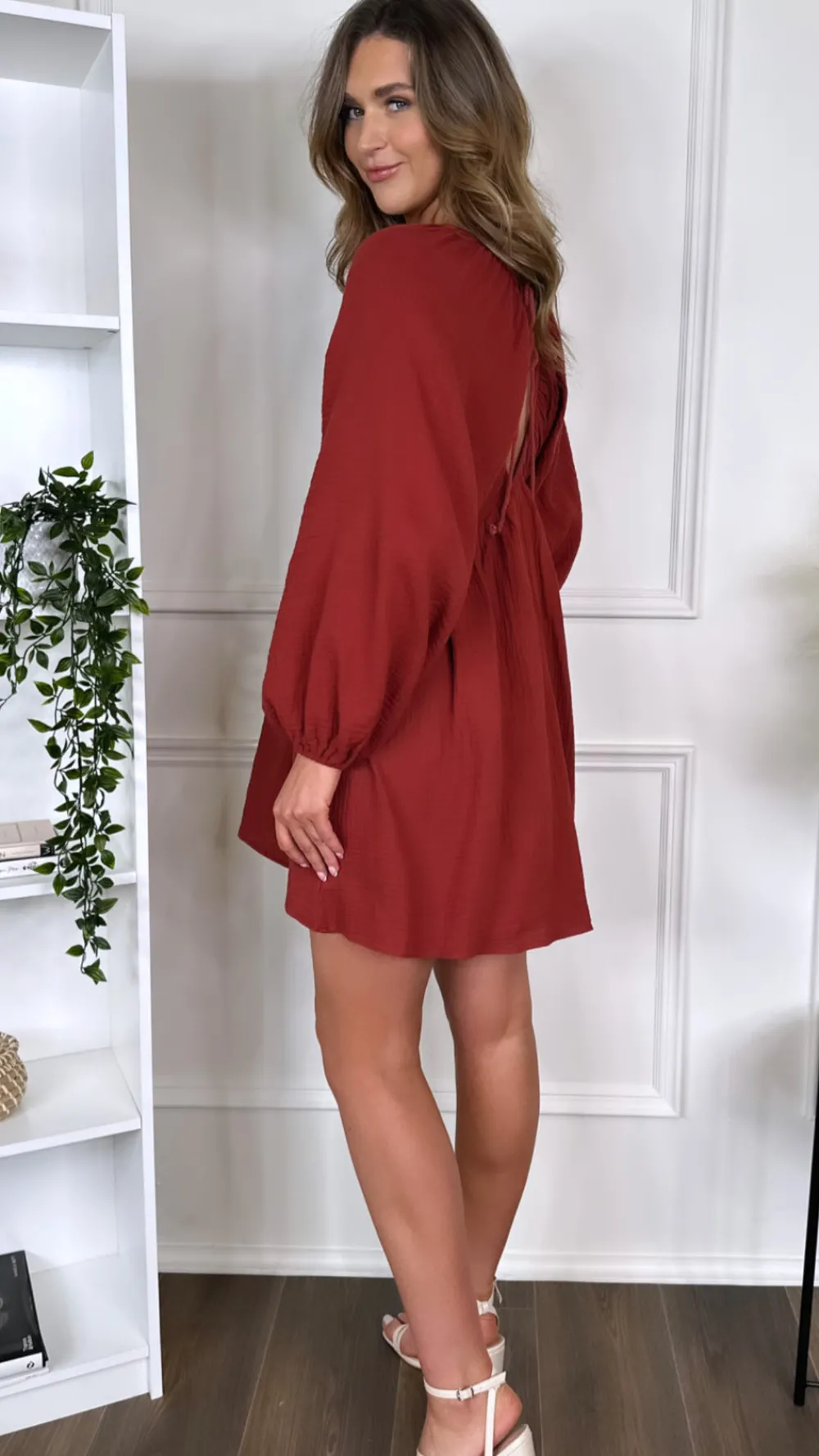 aurora_rust_v_neckline_wi_2.webp ELENZA Day Dresses | Going Out Dresses^Aurora Rust V Neckline Wide Sleeve Mini Dress