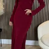 TIMELY Fitted Dresses | Going Out Dresses^Ayda Burgundy Split Neckline Brooch Detail Maxi Dress