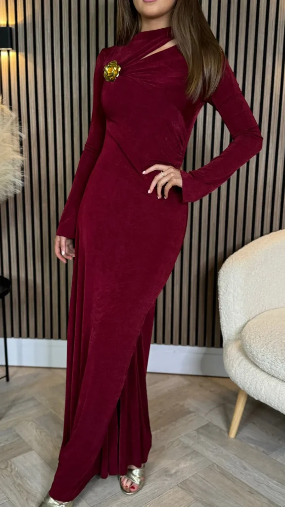 TIMELY Fitted Dresses | Going Out Dresses^Ayda Burgundy Split Neckline Brooch Detail Maxi Dress