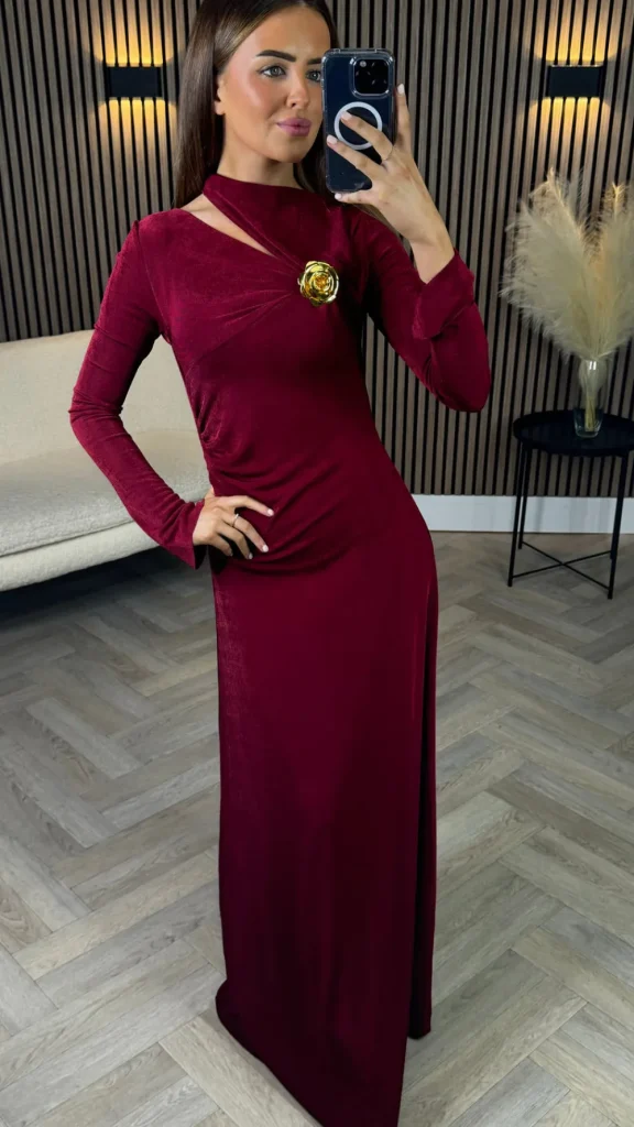 TIMELY Fitted Dresses | Going Out Dresses^Ayda Burgundy Split Neckline Brooch Detail Maxi Dress