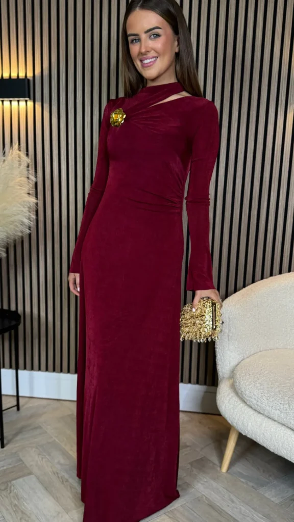 TIMELY Fitted Dresses | Going Out Dresses^Ayda Burgundy Split Neckline Brooch Detail Maxi Dress
