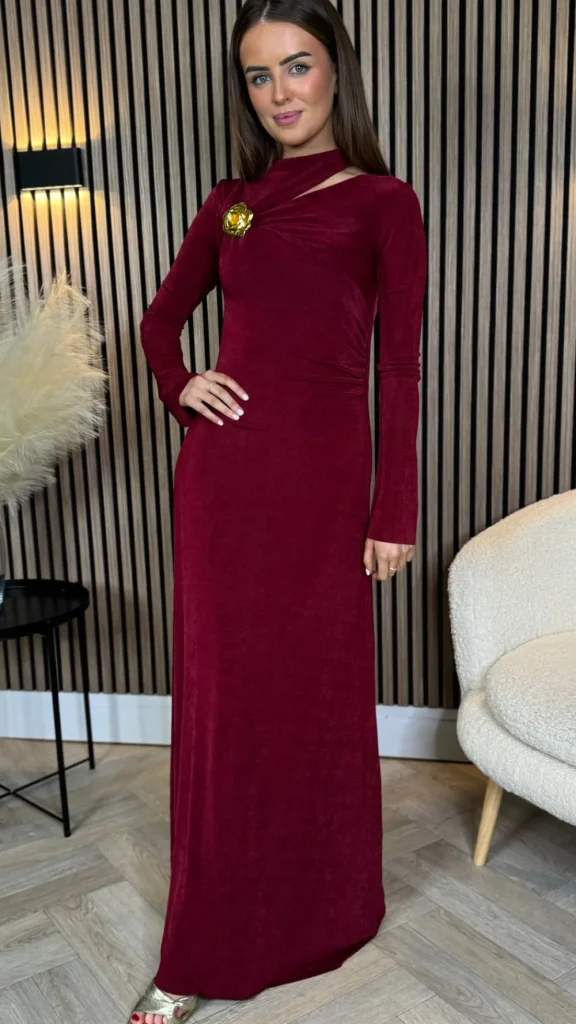 TIMELY Fitted Dresses | Going Out Dresses^Ayda Burgundy Split Neckline Brooch Detail Maxi Dress
