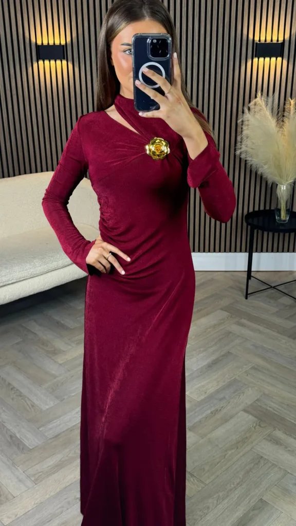 TIMELY Fitted Dresses | Going Out Dresses^Ayda Burgundy Split Neckline Brooch Detail Maxi Dress