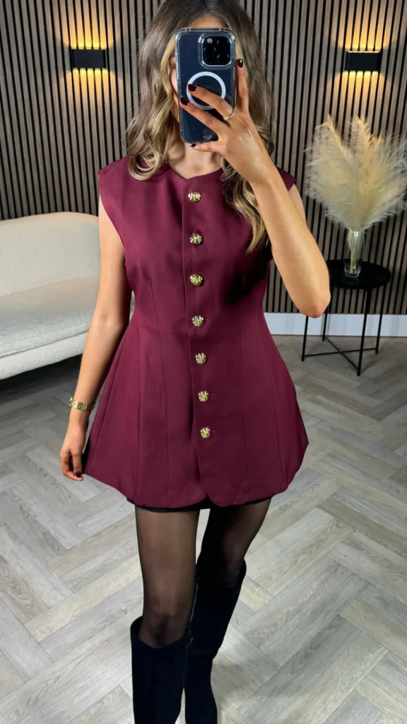 TIMELY Tops^Becca Burgundy Longline Button Detail Waistcoat