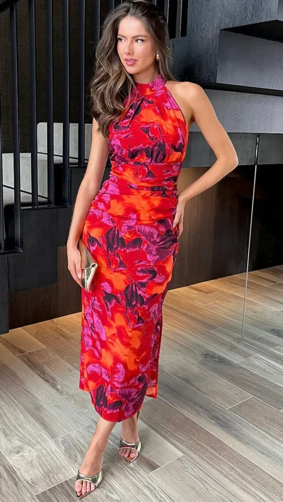 AX PARIS Going Out Dresses | Occasion Dresses^Becca Orange And Purple Abstract Print Halter Neck Draped Waist Midi Dress