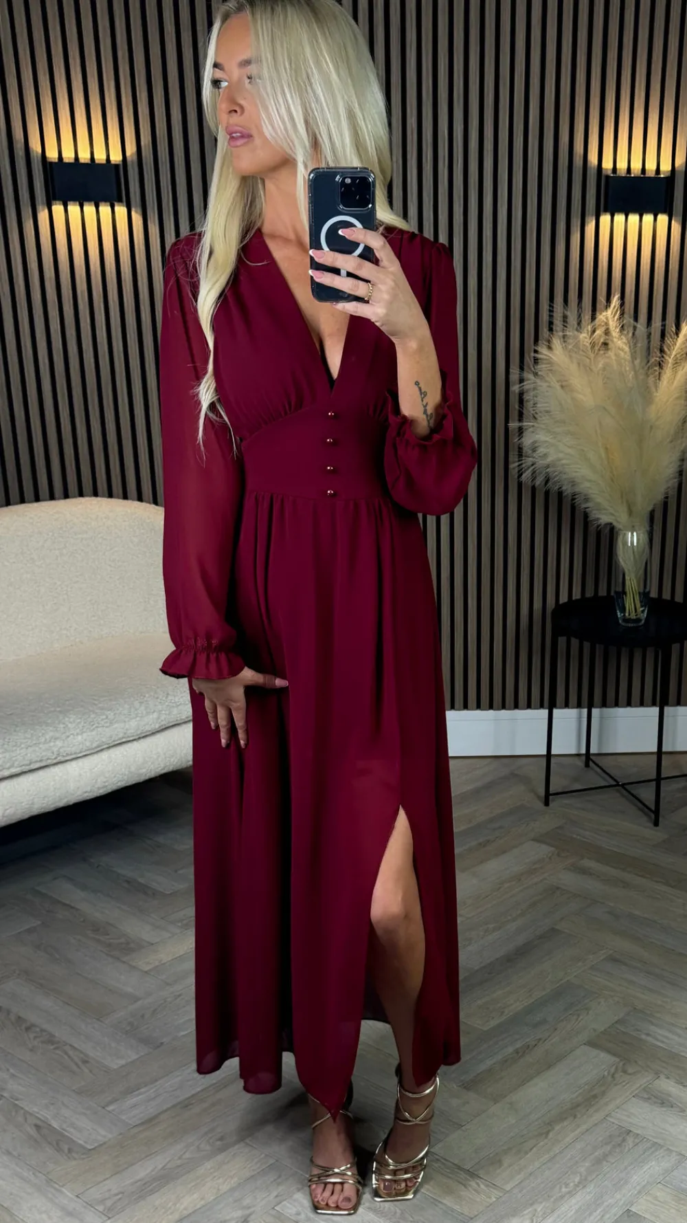 bethany_burgundy_v_neckli_0.webp ELLE STYLE Going Out Dresses | Occasion Dresses^Bethany Burgundy V Neckline Button Detail Midi Dress
