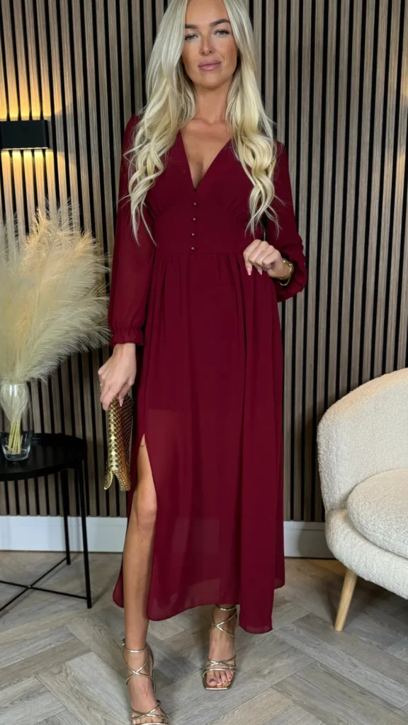 ELLE STYLE Going Out Dresses | Occasion Dresses^Bethany Burgundy V Neckline Button Detail Midi Dress