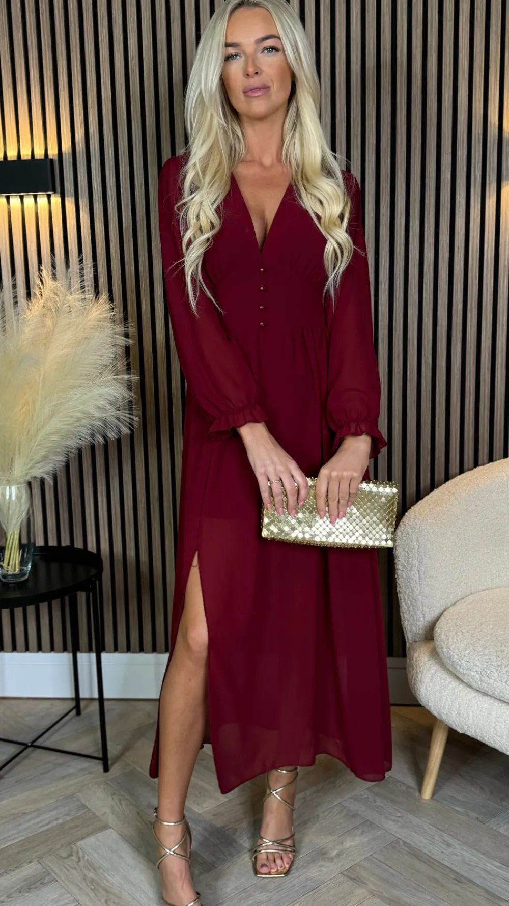 bethany_burgundy_v_neckli_2.webp ELLE STYLE Going Out Dresses | Occasion Dresses^Bethany Burgundy V Neckline Button Detail Midi Dress