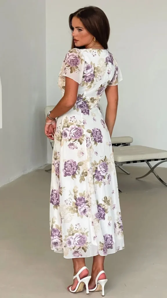 GIRL IN MIND Going Out Dresses | Occasion Dresses^Betina White & Purple Short Sleeve Floral Print Midi Dress