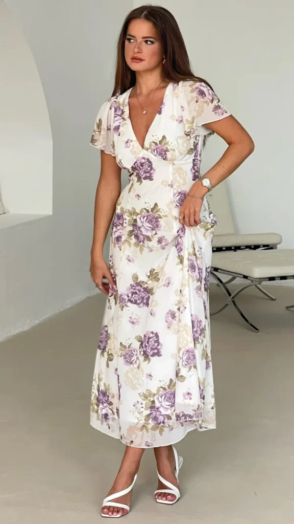 GIRL IN MIND Going Out Dresses | Occasion Dresses^Betina White & Purple Short Sleeve Floral Print Midi Dress
