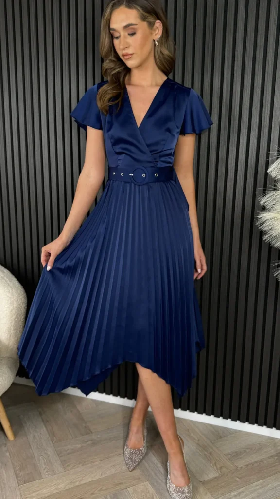 GIRL IN MIND Going Out Dresses | Occasion Dresses^Bonnie Navy Asymmetric Pleated Skirt Belted Midi Dress