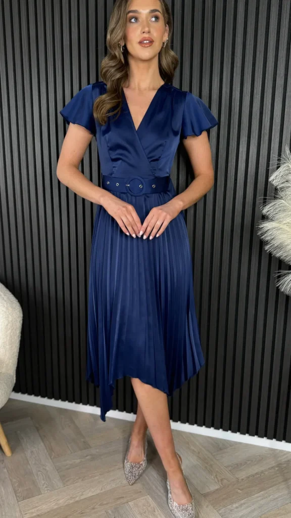 GIRL IN MIND Going Out Dresses | Occasion Dresses^Bonnie Navy Asymmetric Pleated Skirt Belted Midi Dress