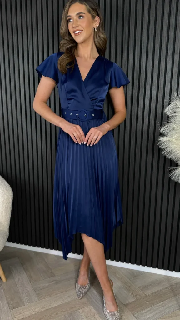 GIRL IN MIND Going Out Dresses | Occasion Dresses^Bonnie Navy Asymmetric Pleated Skirt Belted Midi Dress