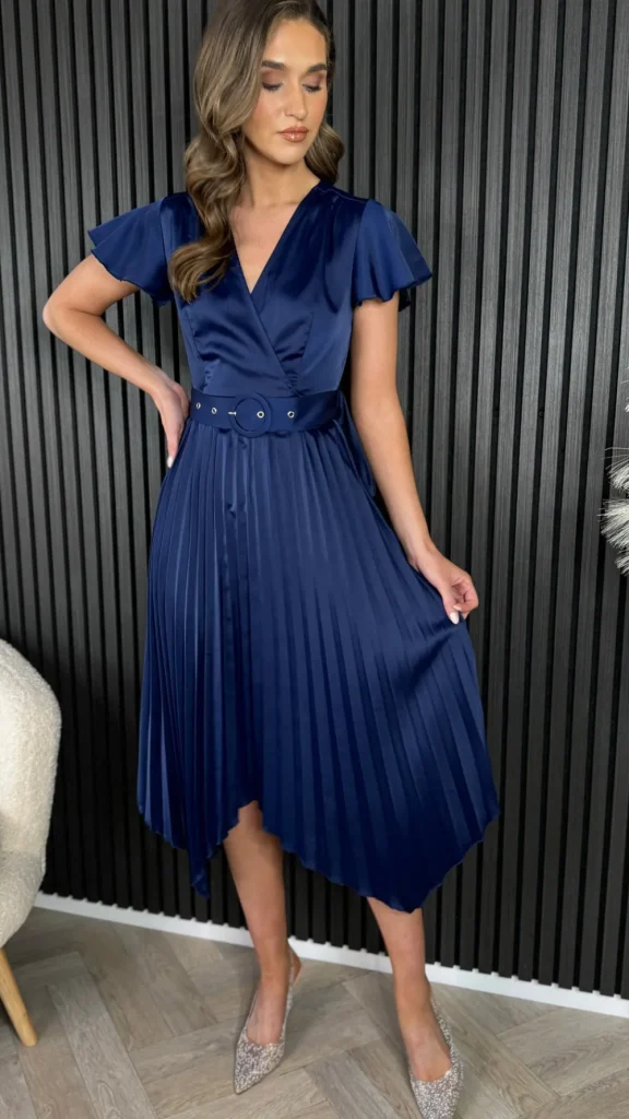GIRL IN MIND Going Out Dresses | Occasion Dresses^Bonnie Navy Asymmetric Pleated Skirt Belted Midi Dress