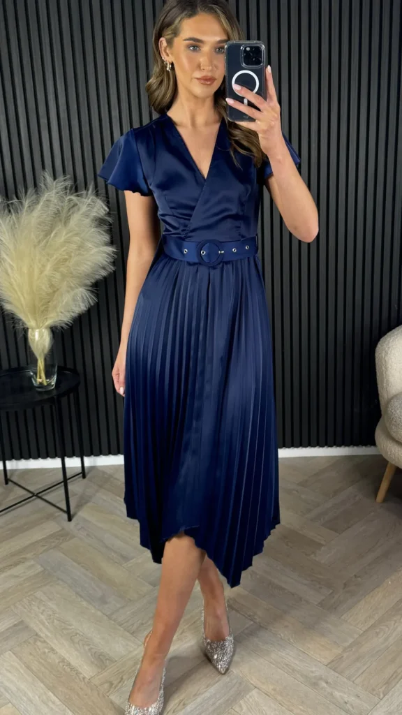 GIRL IN MIND Going Out Dresses | Occasion Dresses^Bonnie Navy Asymmetric Pleated Skirt Belted Midi Dress