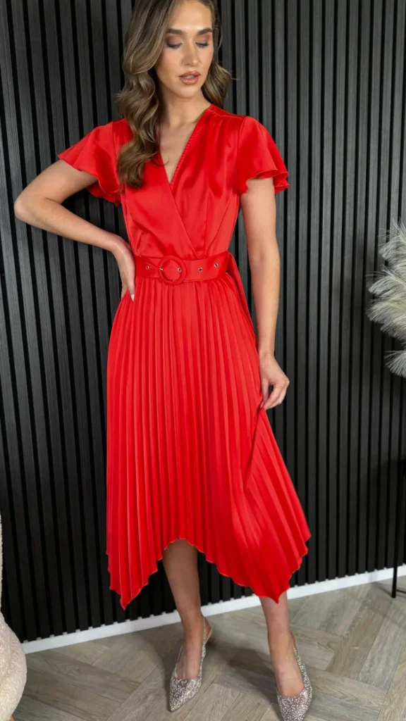 GIRL IN MIND Going Out Dresses | Occasion Dresses^Bonnie Red Asymmetric Pleated Skirt Belted Midi Dress