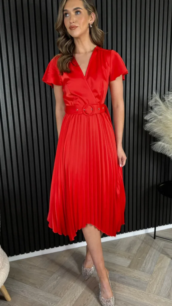 GIRL IN MIND Going Out Dresses | Occasion Dresses^Bonnie Red Asymmetric Pleated Skirt Belted Midi Dress