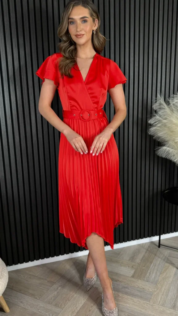 GIRL IN MIND Going Out Dresses | Occasion Dresses^Bonnie Red Asymmetric Pleated Skirt Belted Midi Dress