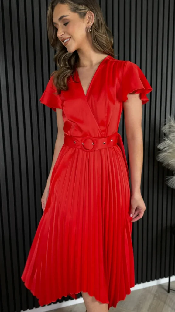 GIRL IN MIND Going Out Dresses | Occasion Dresses^Bonnie Red Asymmetric Pleated Skirt Belted Midi Dress