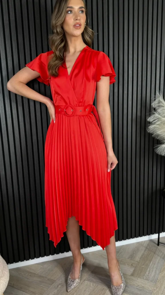 GIRL IN MIND Going Out Dresses | Occasion Dresses^Bonnie Red Asymmetric Pleated Skirt Belted Midi Dress