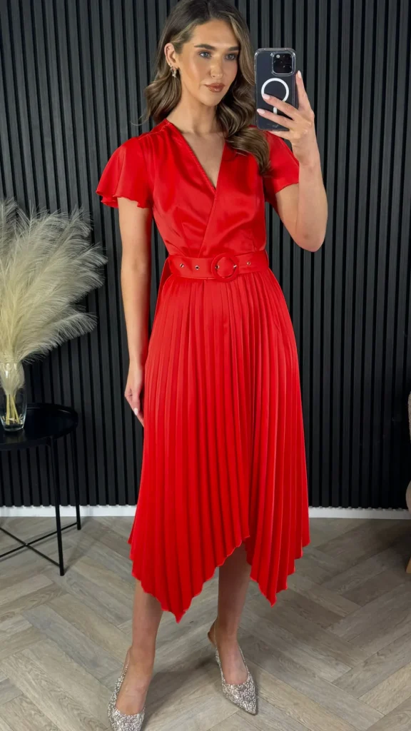 GIRL IN MIND Going Out Dresses | Occasion Dresses^Bonnie Red Asymmetric Pleated Skirt Belted Midi Dress