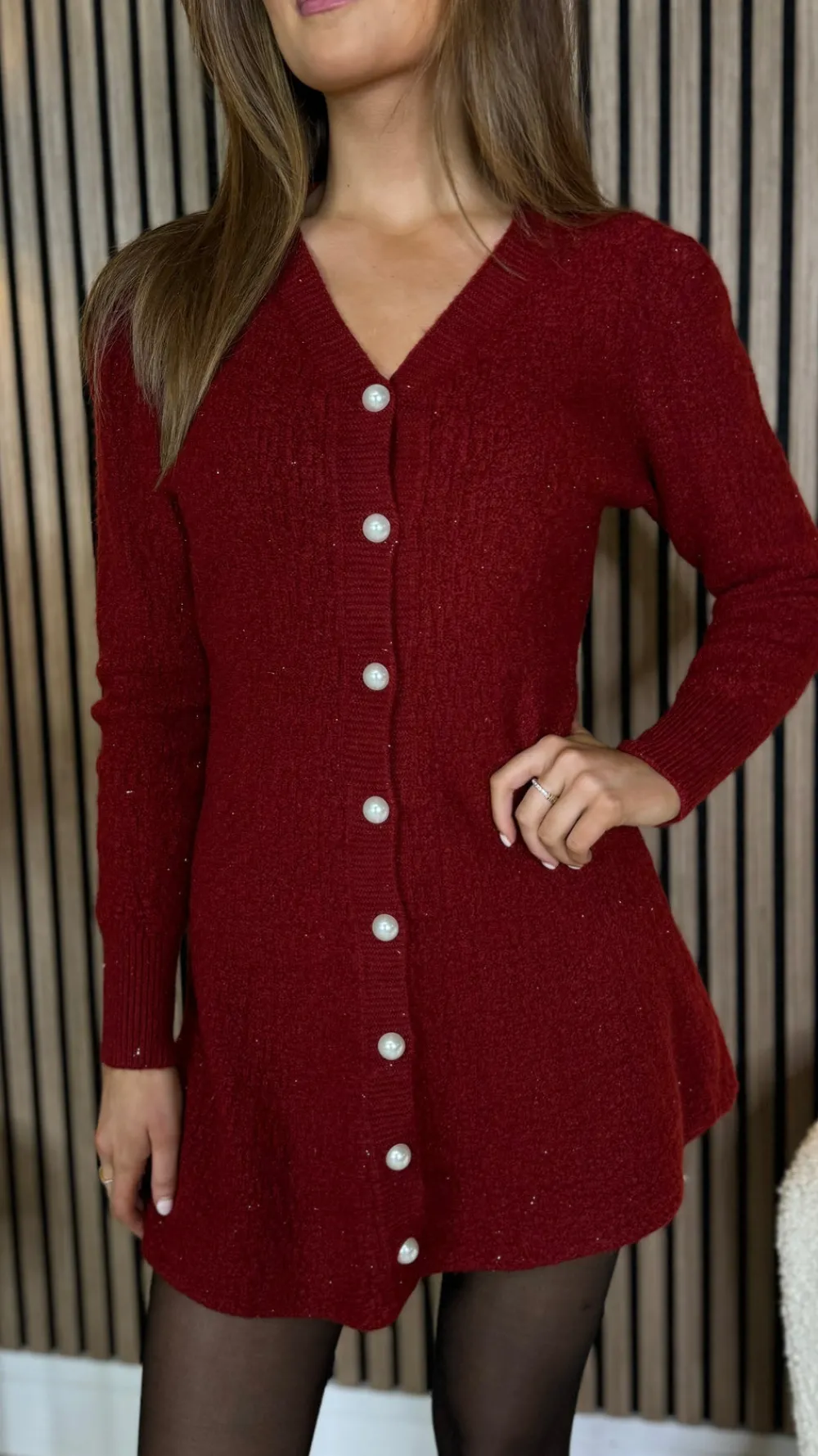 brionna_burgundy_pearl_bu_2.webp TIMELY Knitwear | Day Dresses^Brionna Burgundy Pearl Button Down Knit Mini Dress