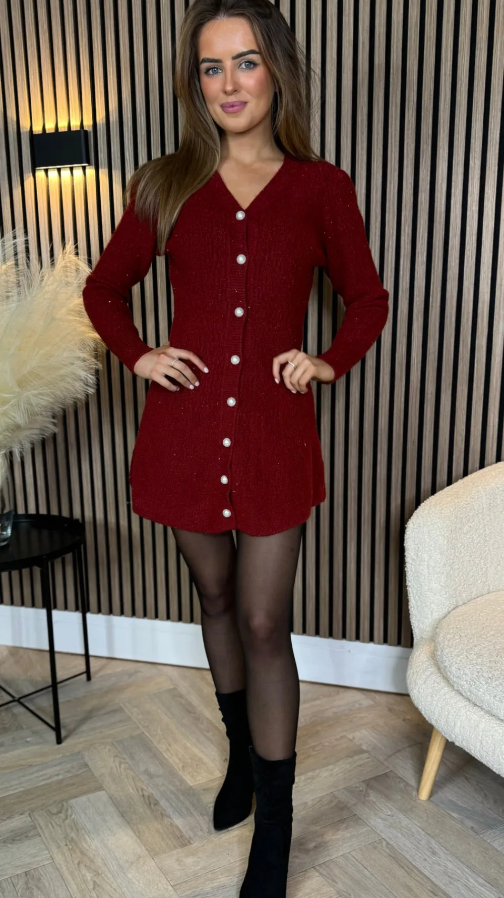 brionna_burgundy_pearl_bu_3.webp TIMELY Knitwear | Day Dresses^Brionna Burgundy Pearl Button Down Knit Mini Dress