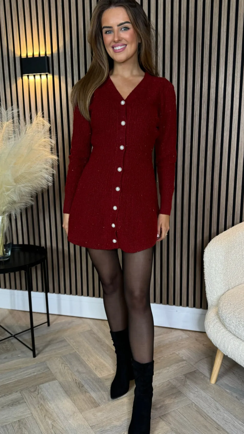 brionna_burgundy_pearl_bu_4.webp TIMELY Knitwear | Day Dresses^Brionna Burgundy Pearl Button Down Knit Mini Dress