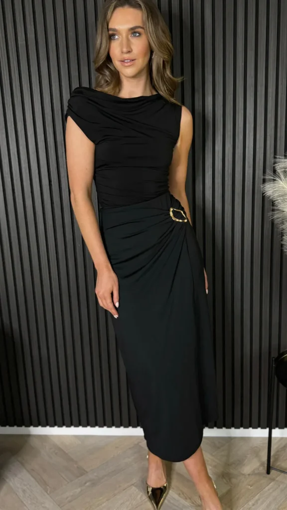 COPPEROSE Going Out Dresses | Occasion Dresses^Brodi Black Buckle Detail Wrap Effect Midi Skirt