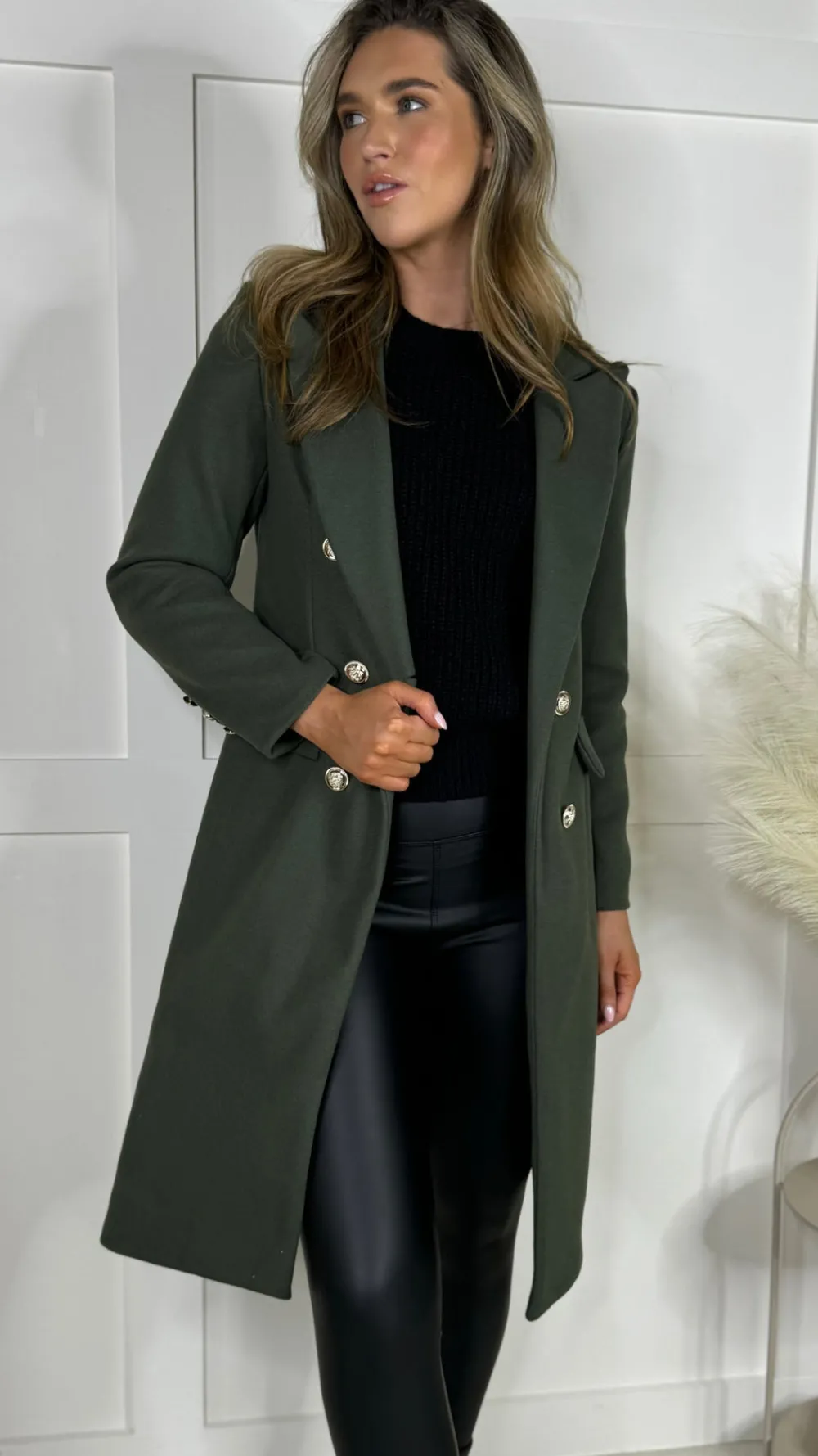 camilla_khaki_collared_go_3.webp ROSY DAYS DESVENCHY Coats & Jackets^Camilla Khaki Collared Gold Button Detail Coat