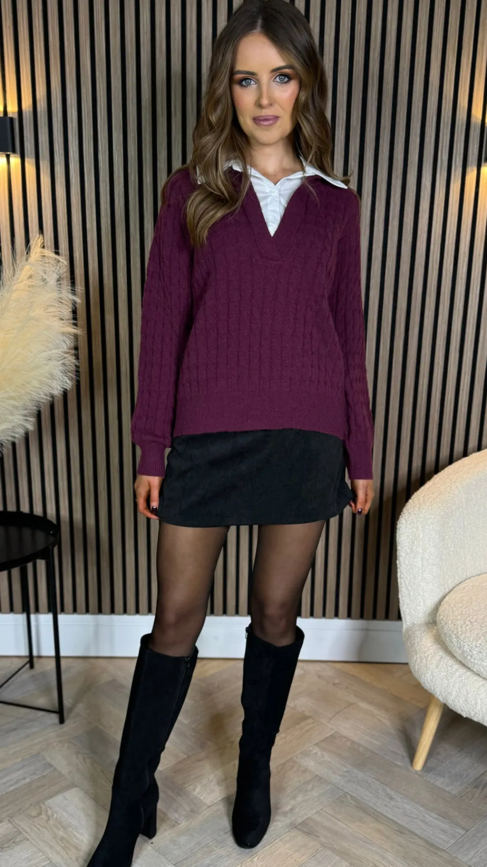camille_burgundy_ribbed_j_1.webp SO TWICE Knitwear^Camille Burgundy Ribbed Jumper With Shirt Detail