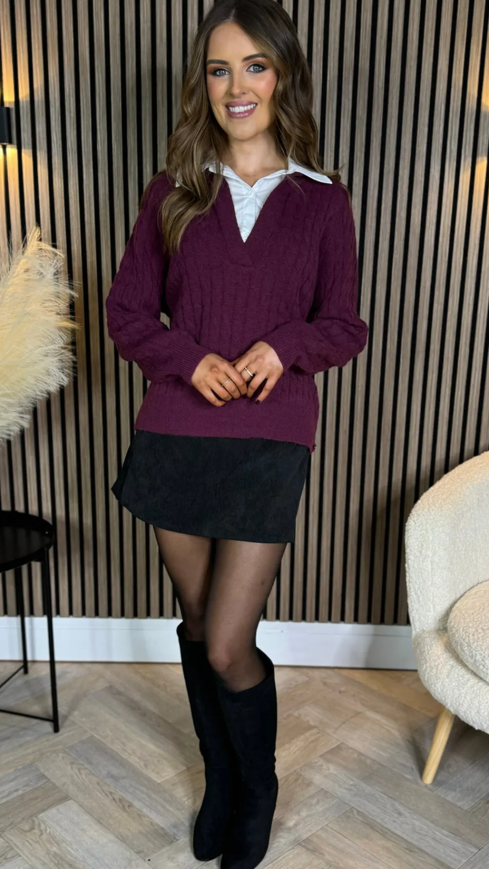 camille_burgundy_ribbed_j_2.webp SO TWICE Knitwear^Camille Burgundy Ribbed Jumper With Shirt Detail