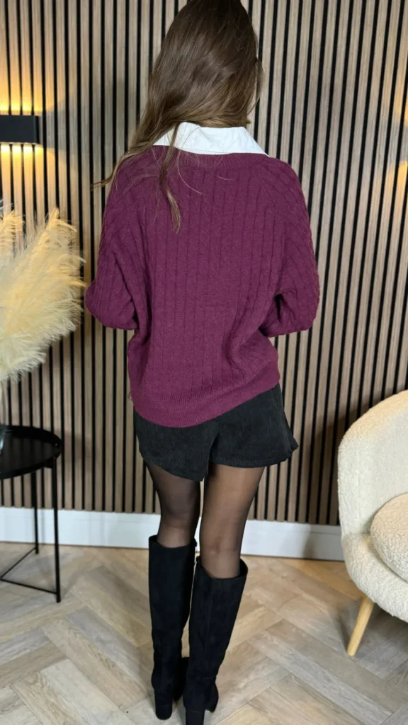 SO TWICE Knitwear^Camille Burgundy Ribbed Jumper With Shirt Detail