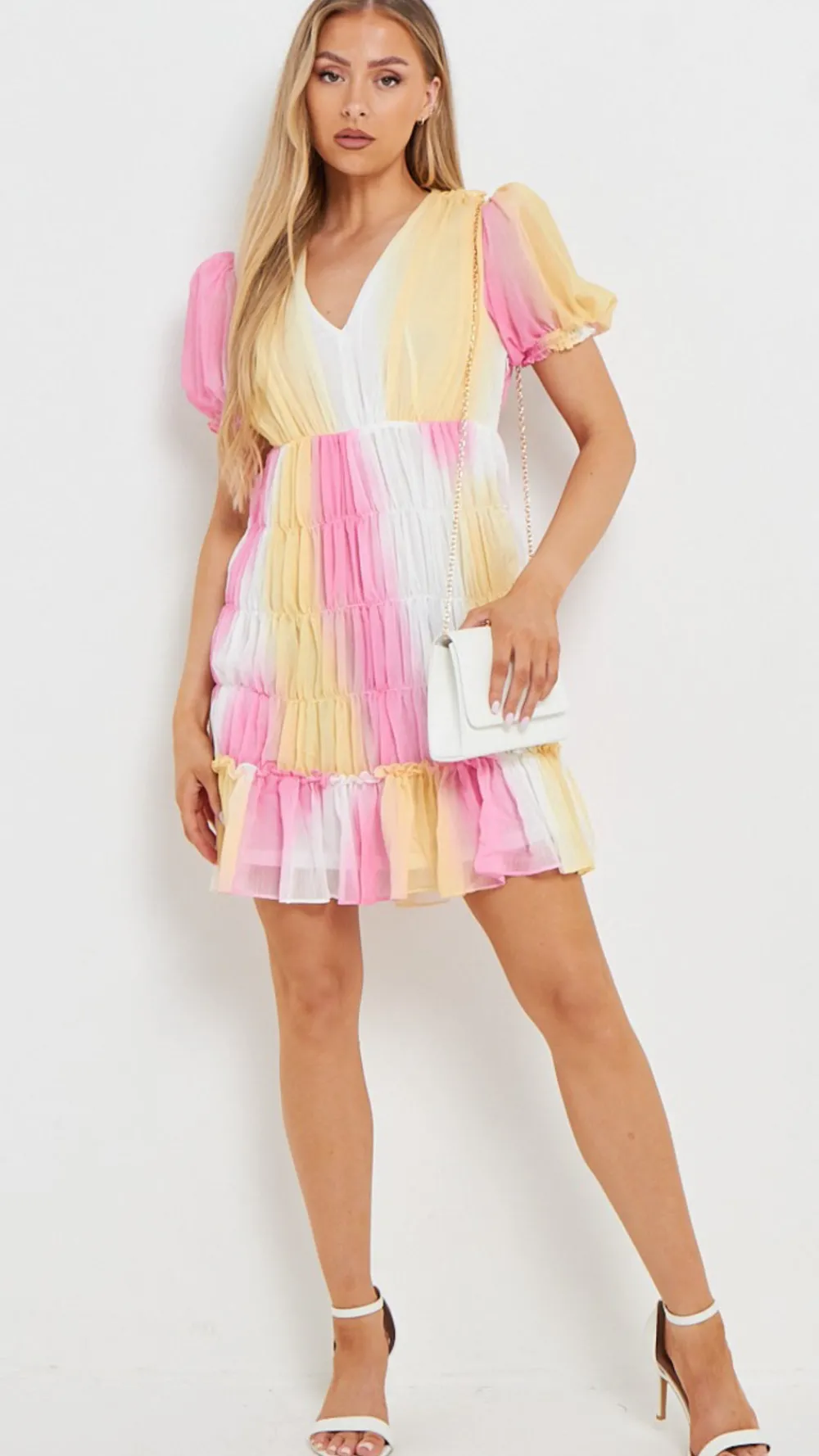 campbell_pink_amp_yellow__0.webp CC Day Dresses | Going Out Dresses^Campbell Pink & Yellow Puff Sleeve Mini Dress