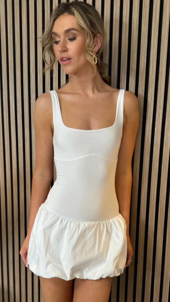 STYLEWISE Going Out Dresses | Mini Dresses^Caramela White Square Neck Puff Skirt Mini Dress