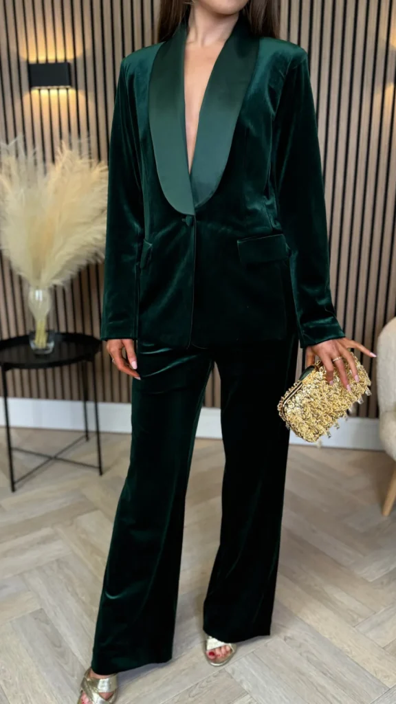 ATTENTIF Co-ords | Blazers^Carina Forest Green Velvet Trousers & Blazer Co-Ord