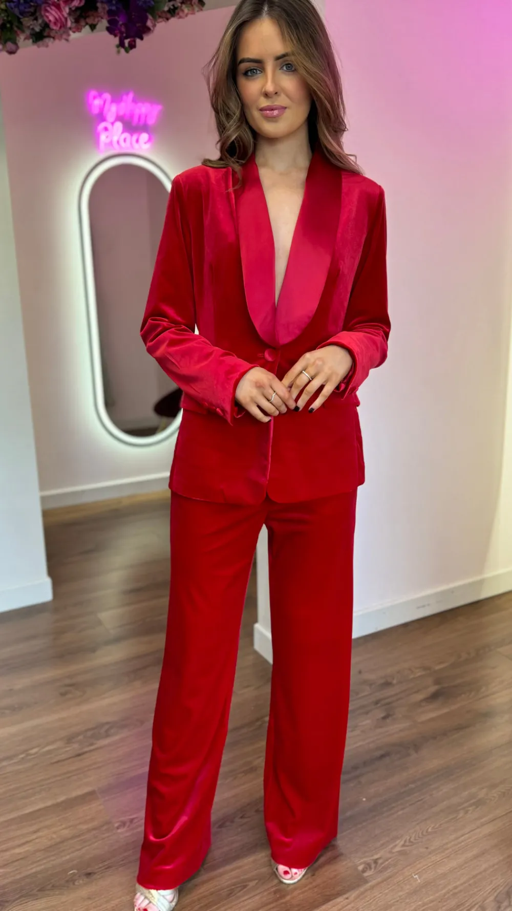 carina_red_velvet_trouser_4.webp ATTENTIF Co-ords | Blazers^Carina Red Velvet Trousers & Blazer Co-Ord