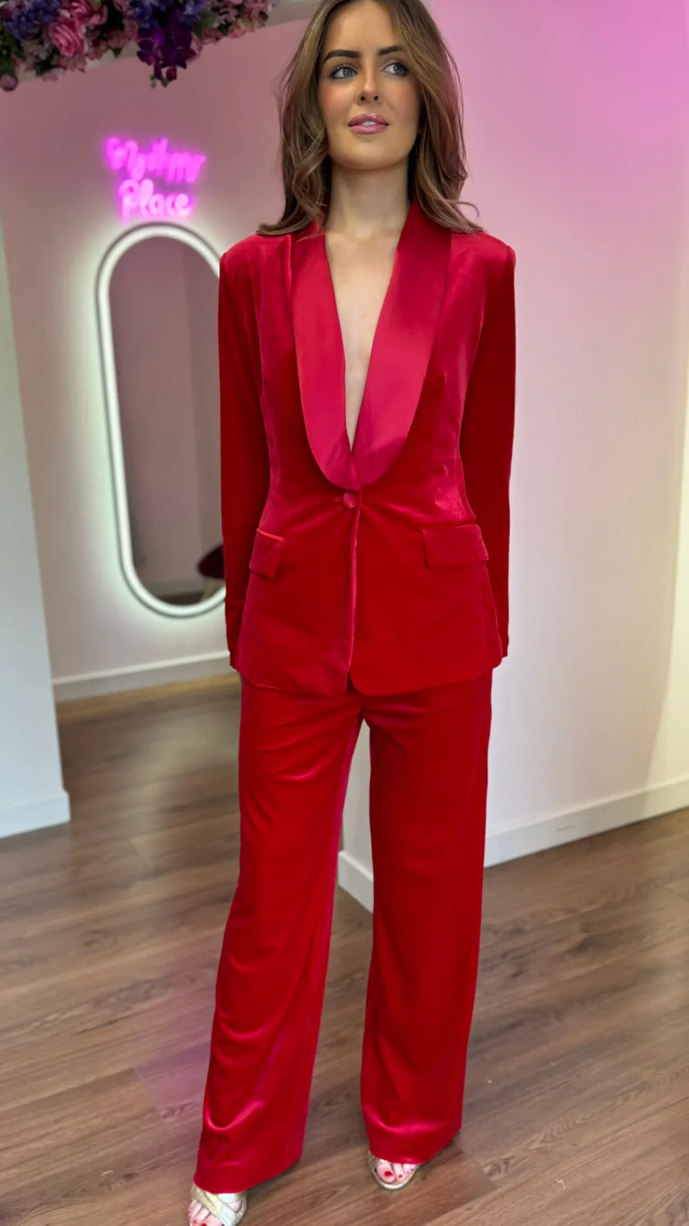 carina_red_velvet_trouser_6.webp ATTENTIF Co-ords | Blazers^Carina Red Velvet Trousers & Blazer Co-Ord