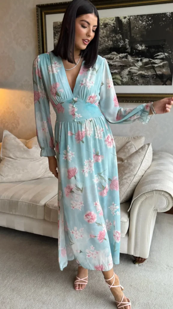 ELLE STYLE Going Out Dresses | Occasion Dresses^Carmen Light Green & Pink Floral Printed Midi Dress