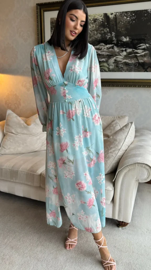 ELLE STYLE Going Out Dresses | Occasion Dresses^Carmen Light Green & Pink Floral Printed Midi Dress