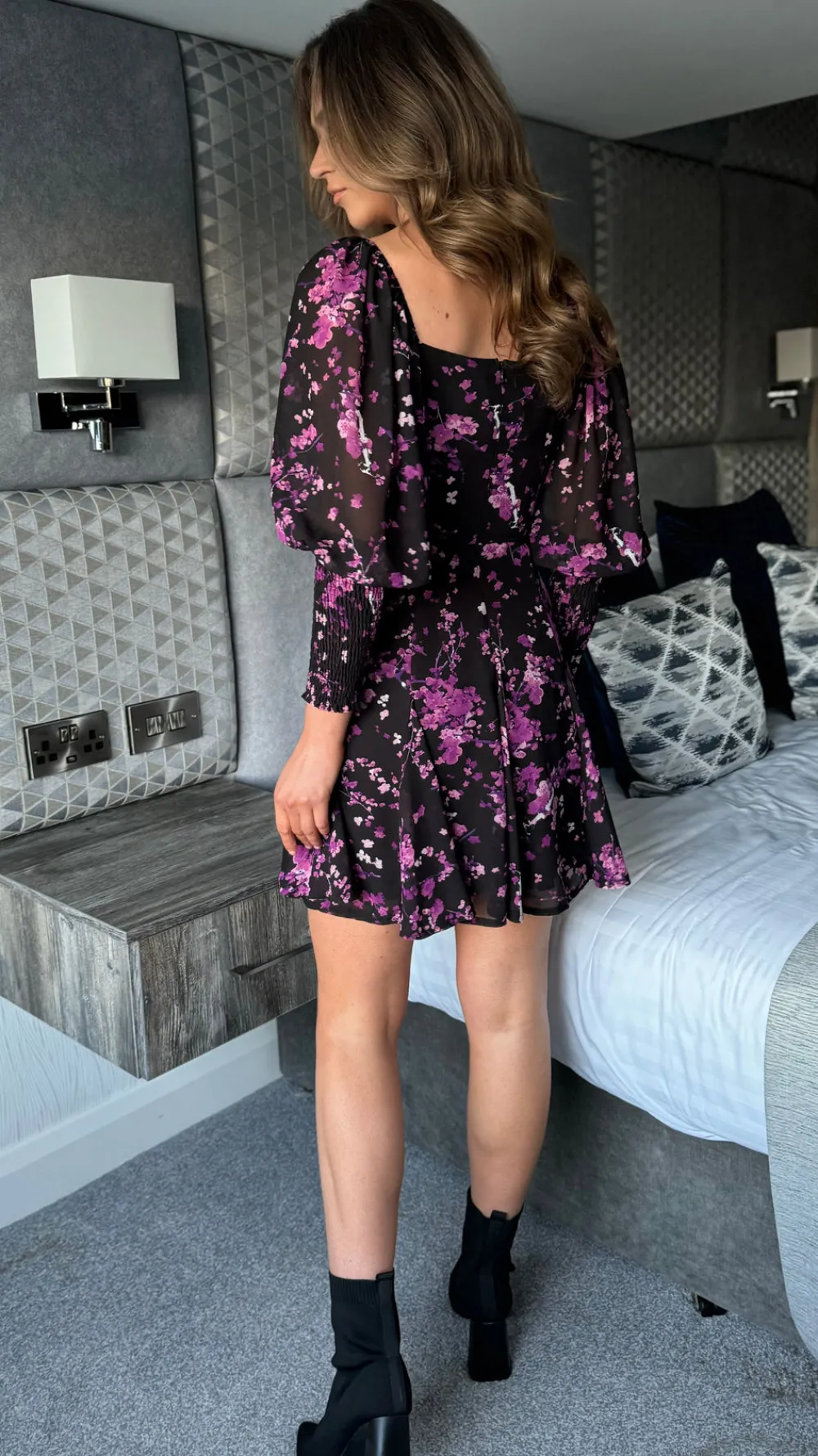 carole_purple_floral_wrap_5.webp GIRL IN MIND Day Dresses | Going Out Dresses^Carole Purple Floral Wrap Neck Puff Sleeve Skater Mini Dress