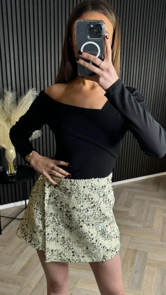 UNIKA Skirts & Shorts^Carolyn Beige Sequin Tweed Effect Skort