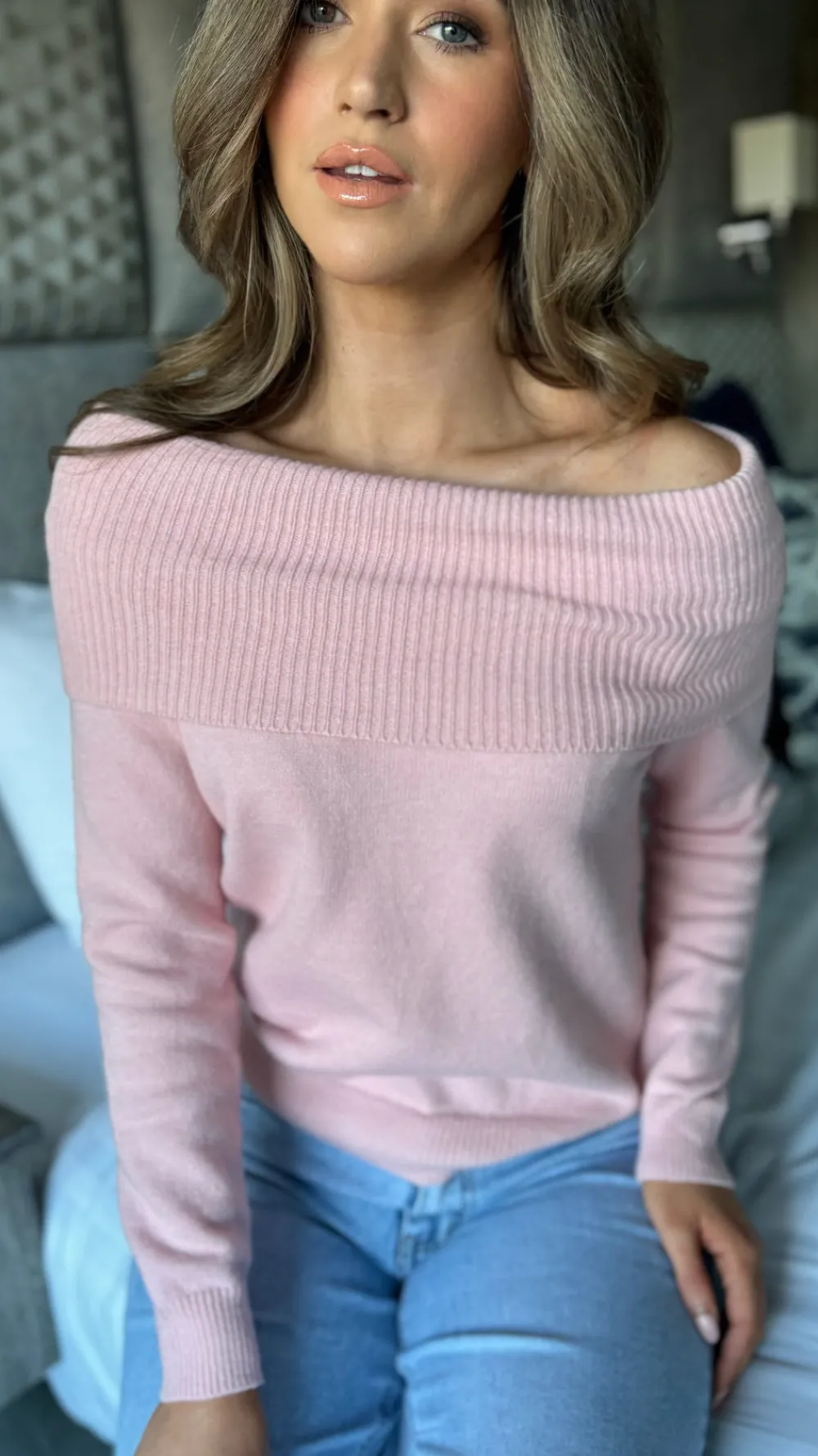 carys_rose_pink_off_shoul_4.webp FEELKOO Tops | Knitwear^Carys Rose Pink Off Shoulder Ribbed Detail Jumper