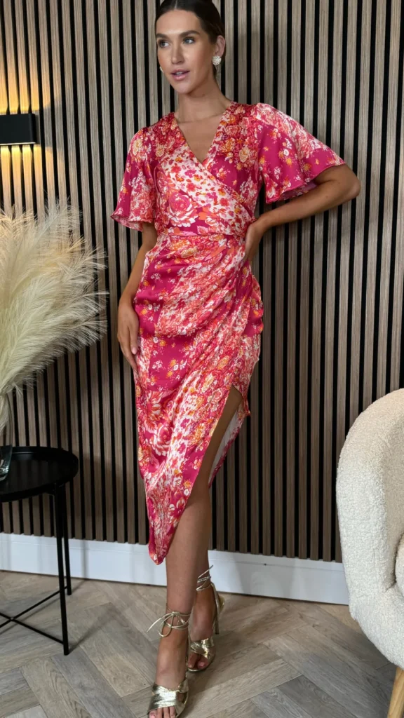 GIRL IN MIND Going Out Dresses | Occasion Dresses^Casey Blush Floral Angel Sleeve Wrap Midi Dress