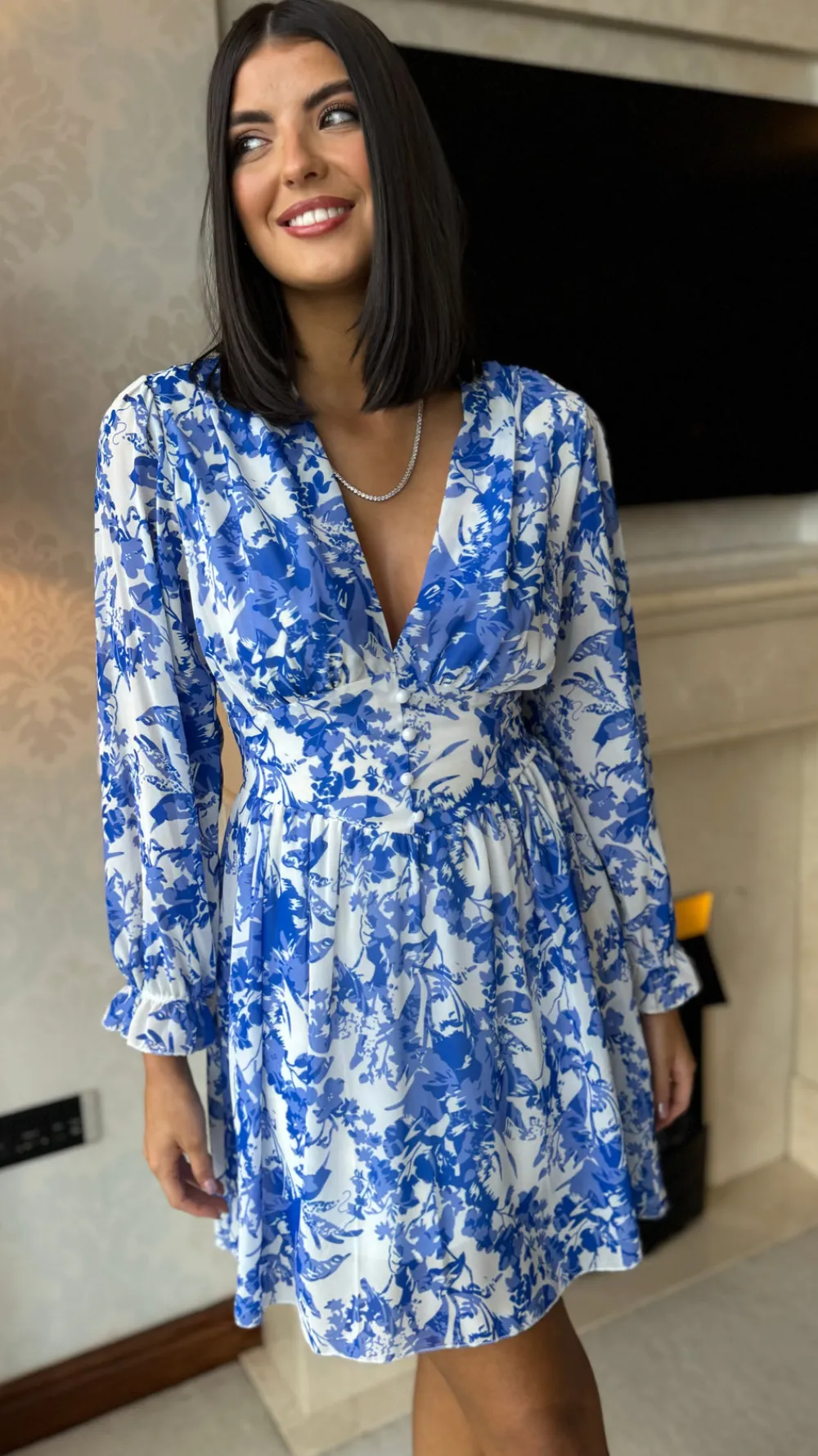 cassandra_blue_amp_white__1.webp ELLE STYLE Day Dresses | Going Out Dresses^Cassandra Blue & White Floral Printed Mini Dress